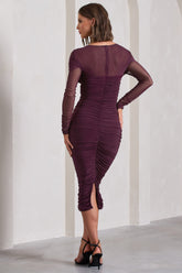 Plum Ruched Mesh Long-Sleeved Bodycon Midi Dress